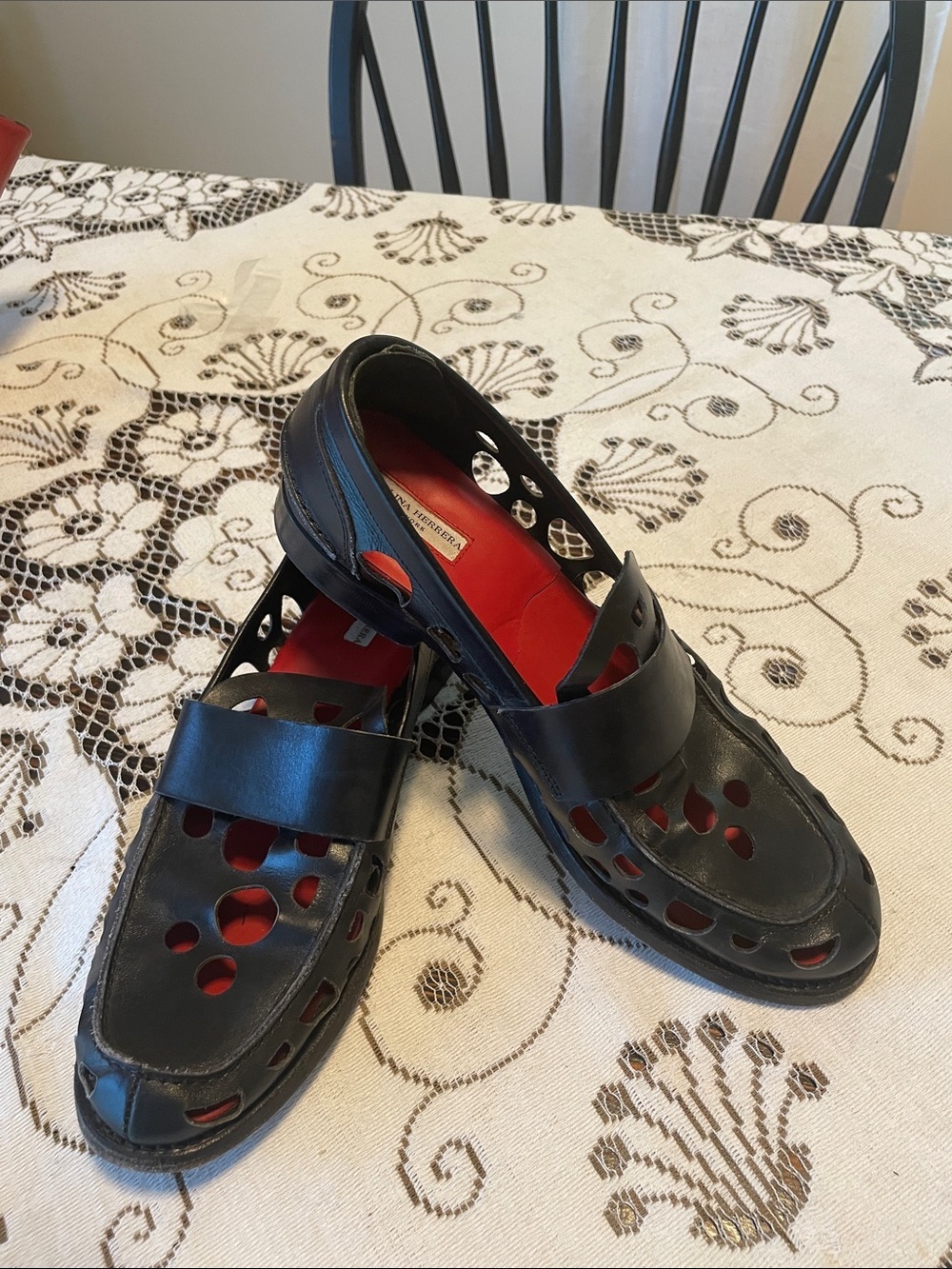 Carolina Herrera Black Leather Slip-On Loafers with Red Interior